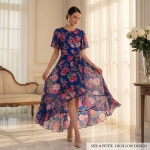 Jessica Howard Blue Floral High‑Low Dress 14P NWT – Back Zip Closure